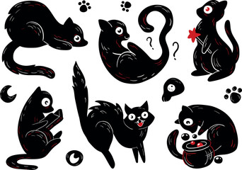 Obraz premium Cute black hand drawn cats in set. Collection of design elements: pretty graphic style kittens, cartoon baby animals, isolated witch pet in various poses. Vector illustration, Halloween stickers set.