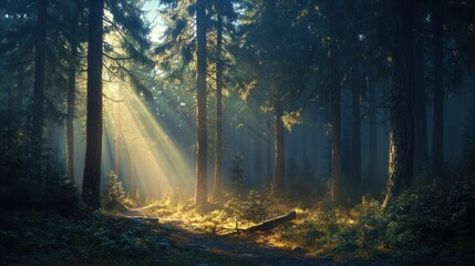 Sunbeams Illuminating a Forest Path Through Tall Pine Trees