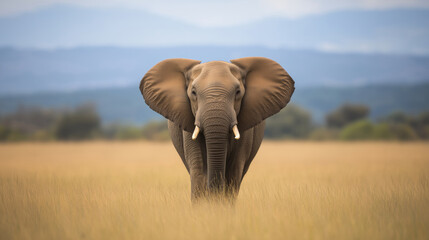 Fototapeta premium An elephant standing in tall grass in a vast open field during the day.