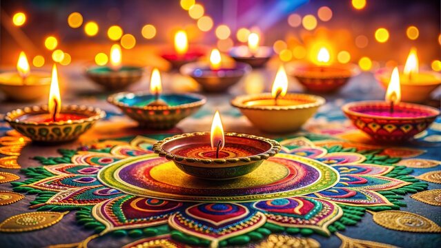 Diya lamps on the colorful surface