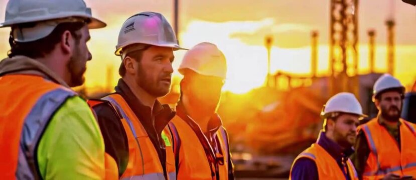 A group of construction workers wearing hard hats and high-visibility vests gathered at a worksite during sunrise
