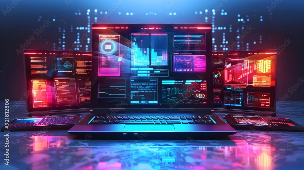Poster high tech laptop with holographic keyboard and multiple futuristic screens