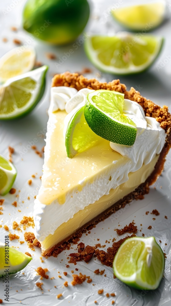 Poster delightful key lime pie slice with graham cracker crust on white background