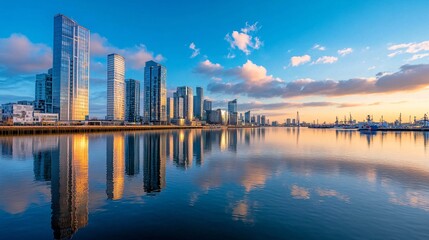 Fototapeta premium Cityscape reflection in water at sunset.
