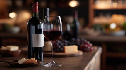 Red wine and cheese served on a rustic wooden table with grapes in a cozy setting at night.
