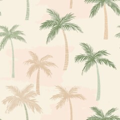 Seamless pattern of pastel palm tree textures with soft sandy beiges and greens