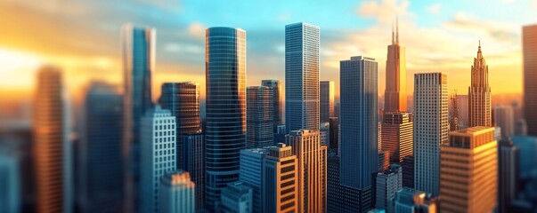 Cityscape at Sunset with Golden Hour Light.