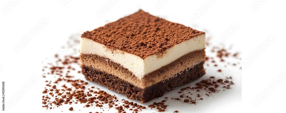 Poster elegant tiramisu slice with cocoa dusting on white background