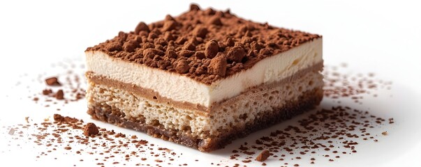 Decadent Tiramisu Slice with Cocoa Dusting on White Background
