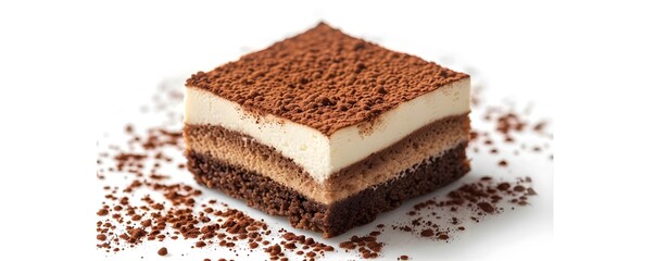 Elegant Tiramisu Slice with Cocoa Dusting on White Background