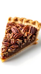 Delicious Slice of Homemade Pecan Pie on White Background