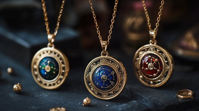 Stylish zodiac astrology jewelry pendants displayed on a dark stone surface