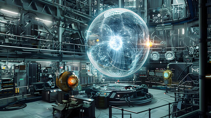 Futuristic Laboratory Interior with Sphere of Data - 3D Illustration