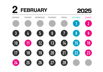 2025年の2月のカレンダー月曜始まり