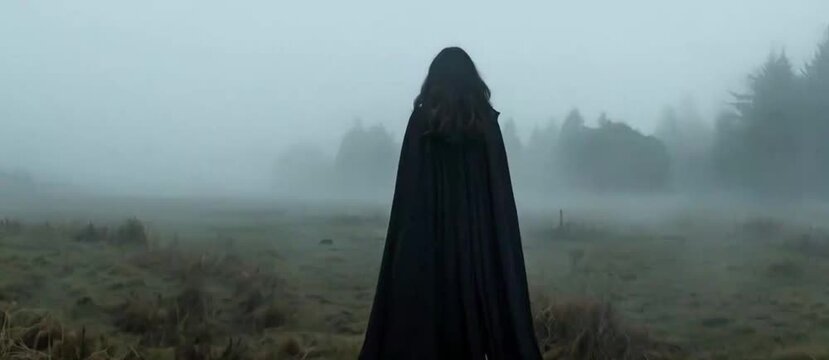 A woman in a black cloak stands in a foggy field. The fog is thick and the woman is looking at something in the distance. Scene is eerie and mysterious