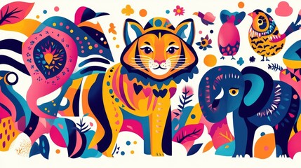 Vibrant abstract backdrop with lucky creatures including tigers, elephants, and owls, with a dynamic pattern and space for text