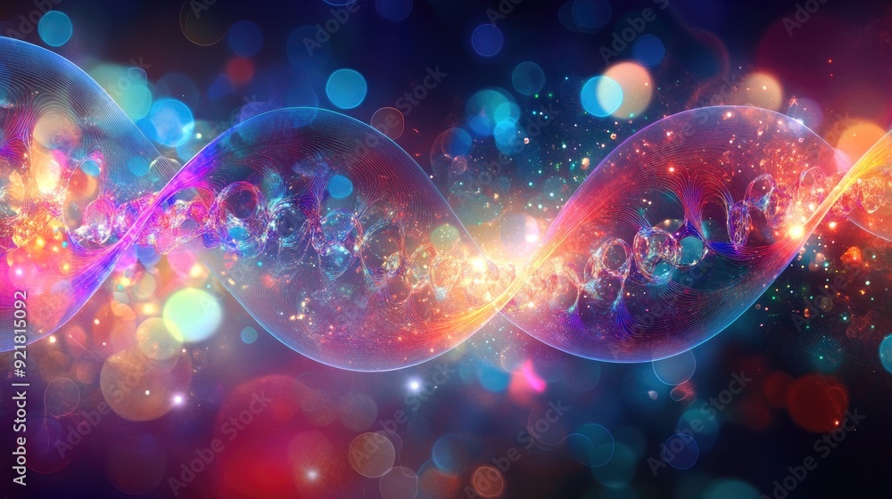 Poster vibrant light patterns around genetic structures, with space available for text addition