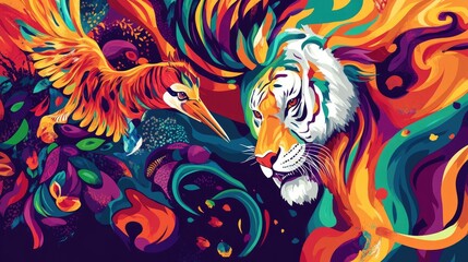 Vibrant abstract composition featuring auspicious creatures like the crane, tiger, and elephant, with a colorful backdrop and space for text