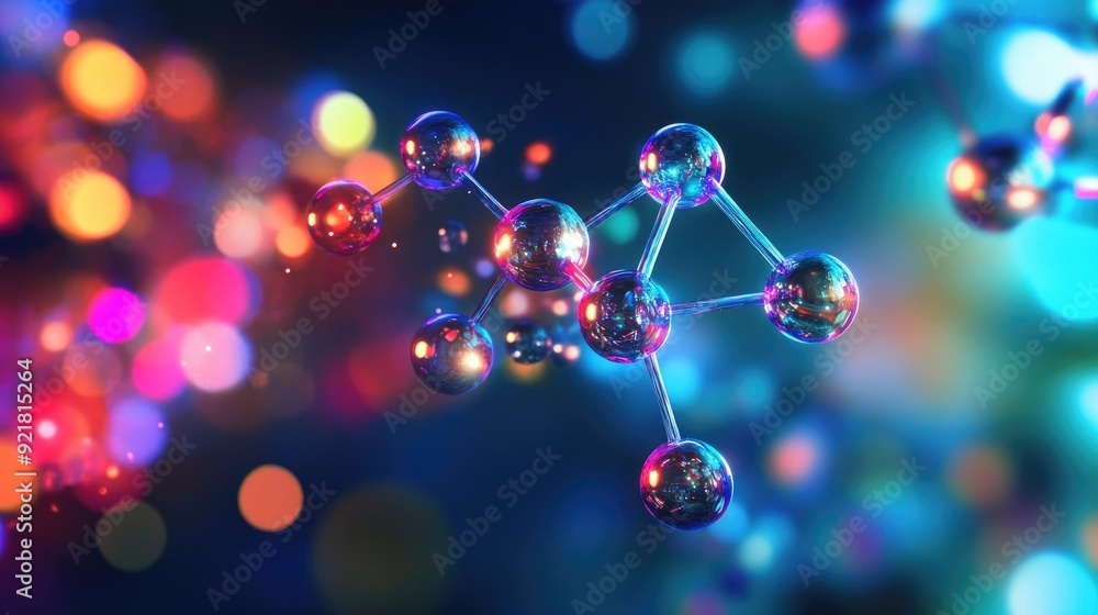 Poster vibrant molecular structures illuminated with colorful lights, providing room for text insertion