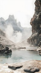 Therapeutic Mineral Springs in Rugged Mountain Landscape with Misty Atmosphere