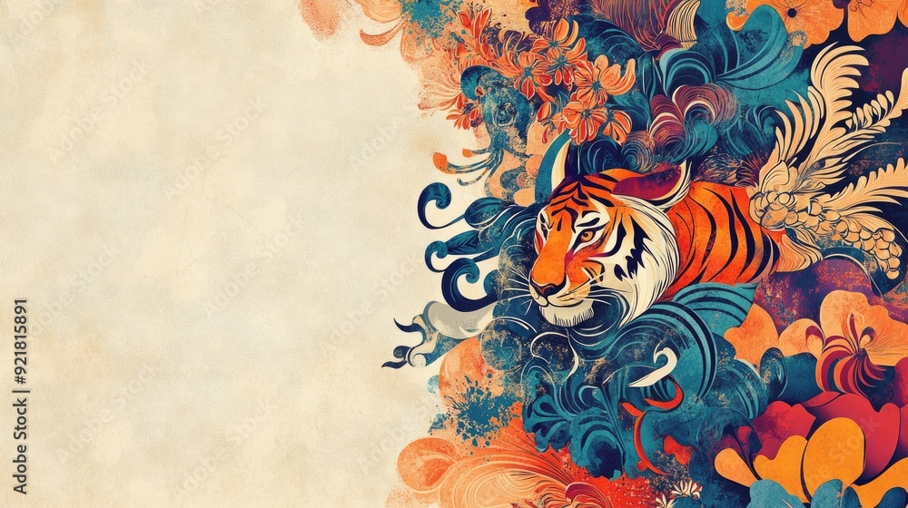 Poster whimsical abstract pattern with auspicious creatures such as tigers, cranes, and elephants, featurin
