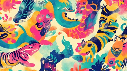 Fototapeta premium Whimsical abstract pattern featuring lucky animals including tigers, turtles, and phoenixes, with a vibrant background and room for text