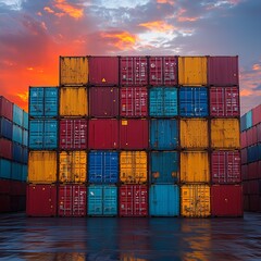 Fototapeta premium Stacked cargo containers in the storage area of freight sea port terminal, concept of export-import and national delivery of goods 