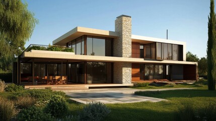 Fototapeta premium Modern, luxurious two story home with a flat roof, large windows, and a stone chimney. The house features a spacious patio and a pool.