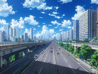 Fototapeta premium anime background illsutration, atmosphere of a empty street in the middle of a beautiful city