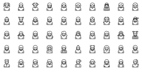 Set Of Linear Girl Avatars Vector Symbols Apps, Websites Ui Designs Suitable For Kid,Avatar,Girl,Children,Child Pictograms And Infographics Design Elements Vector Illustration
