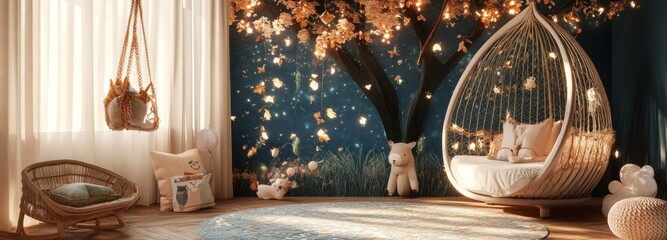 Cozy and Dreamy Child's Room with Hanging Chair and Fairy Lights