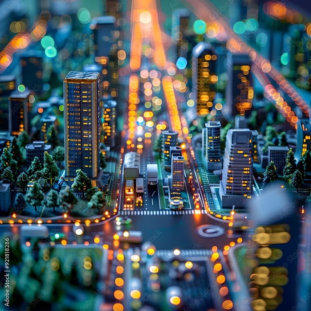 Poster futuristic smart city model with interconnected buildings and infrastructure utilizing iot technolog