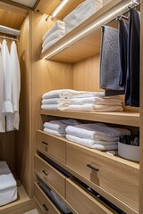 Interior of modern wardrobe with wooden walls, tiled floor and wooden wardrobe doors