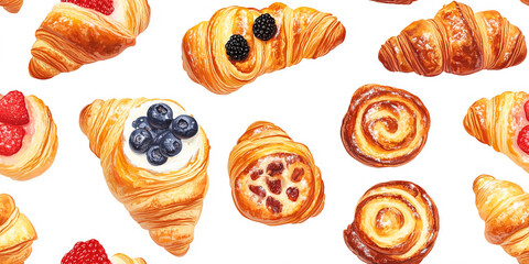 Selection of pastries, from croissants to fruit-filled danishes, perfectly baked, seamless pattern