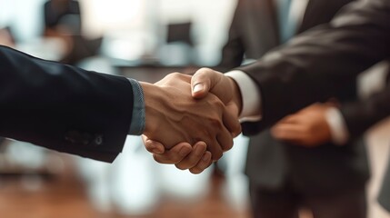 Shot Of Businessmen Shaking Hands During Team Meeting In Modern Office, Successful And Professional