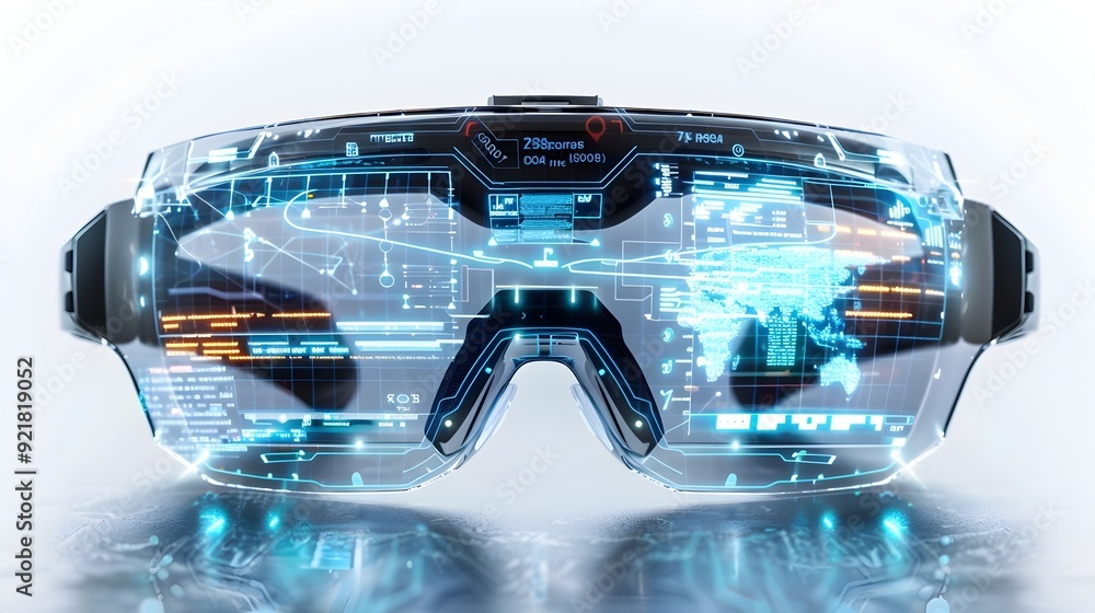 Poster futuristic smart glasses displaying augmented reality data and digital information