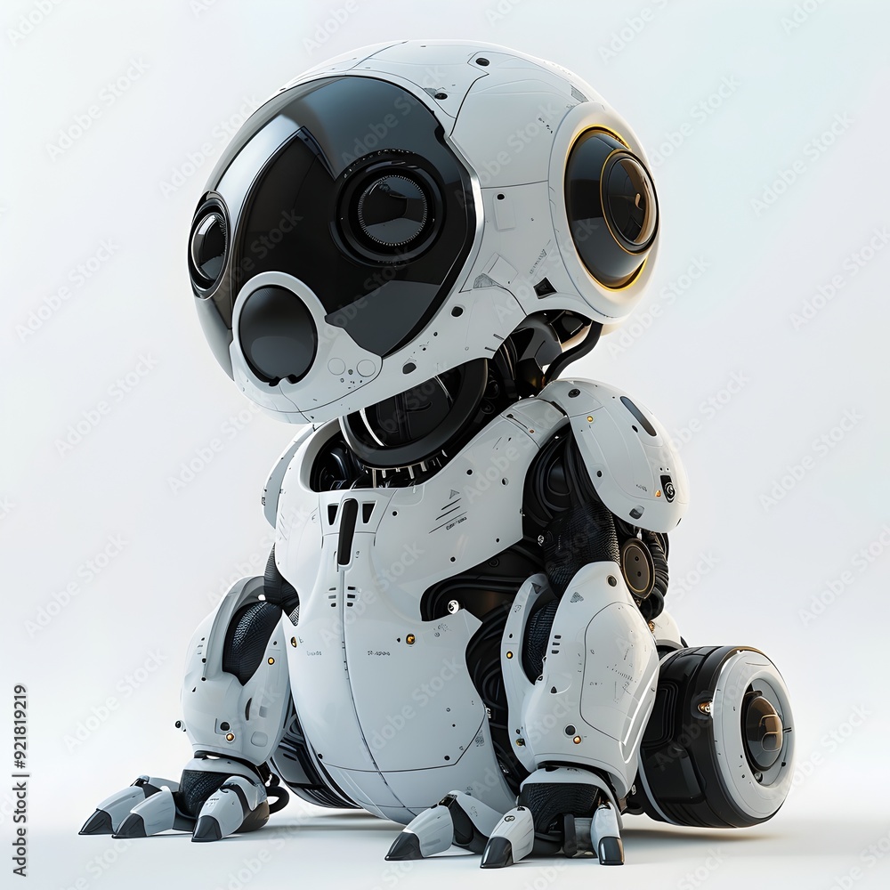 Poster high tech robotic pet with interactive features on white background