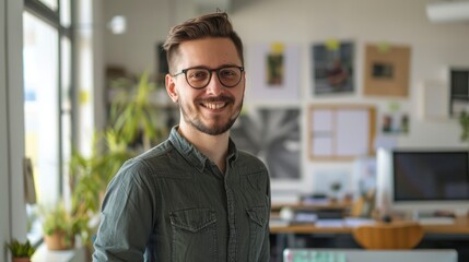 Fototapeta premium Smiling Young Designer Standing In An Office After A Presentation, Satisfied And Accomplished