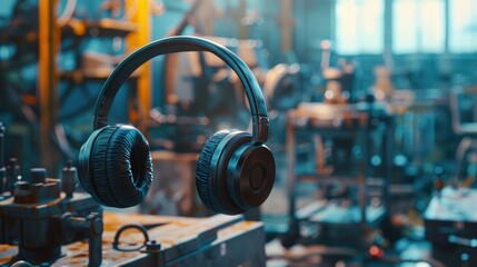 Fototapeta premium Soundproof Headphones Hang On A Lathe In A Factory, Offering Protection In A Noisy Environment