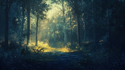 Fototapeta premium Sunbeams Shining Through Dense Forest Canopy