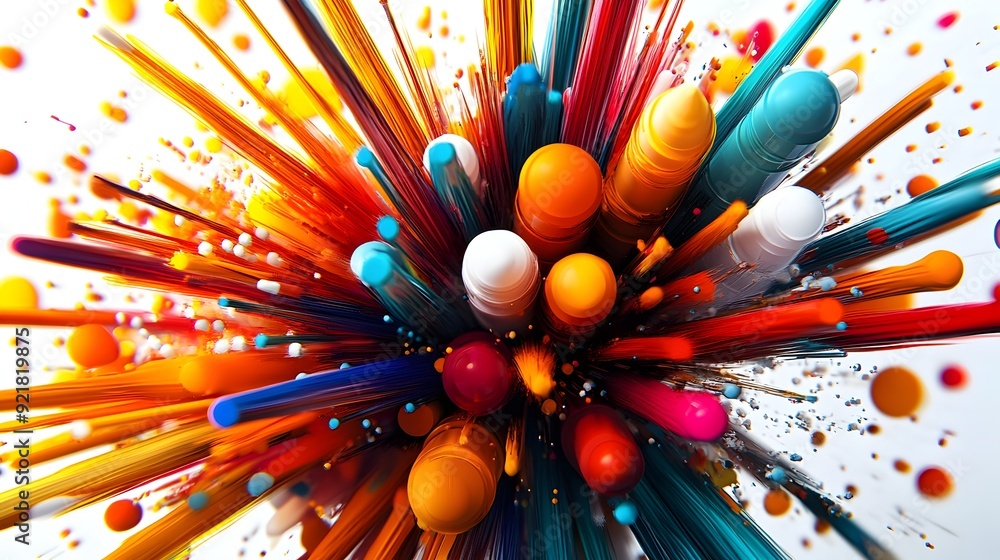 Poster vibrant explosion of colorful markers in swirling dynamic composition on textured paper surface