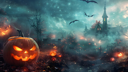 Beautiful colorful background for Halloween with pumpkins, cobwebs. AI Generated