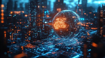 Futuristic Cityscape with Holographic Globe