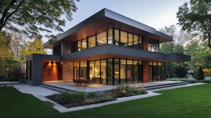 Modern, luxurious cubic home exterior with big windows, a patio, and green grass.