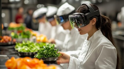 Chef Using Virtual Reality Headset in Restaurant Kitchen.