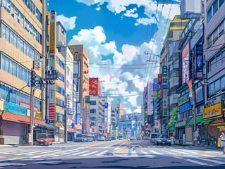 anime background illsutration, atmosphere of a empty street in the middle of a beautiful city