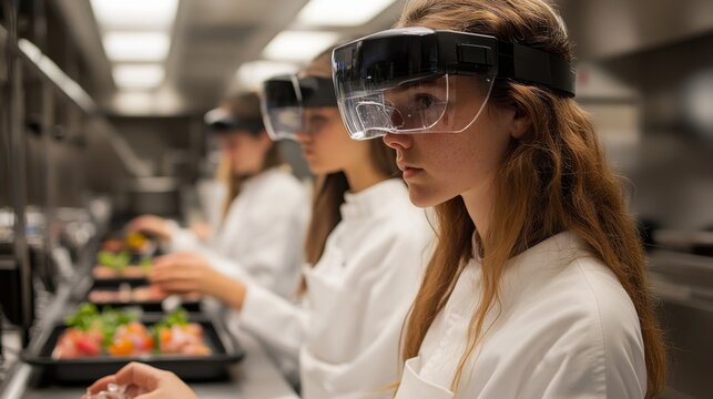 Female chef wearing augmented reality headset in kitchen.