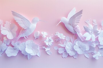 Fototapeta premium Whimsical Spring Scene of Paper Cut Hummingbirds and Flowers | Elegant Design for Cards and Posters