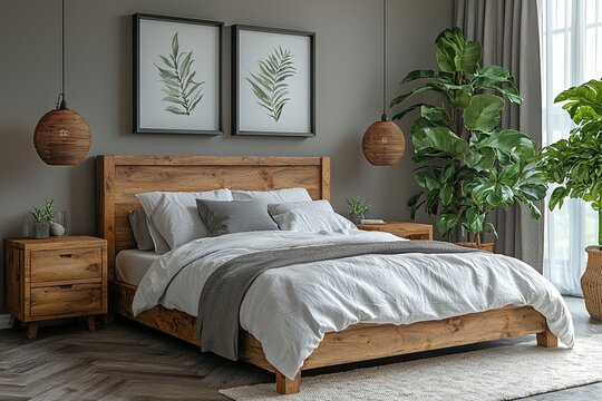 Scandinavian interior design of modern bedroom. Natural wood bed and bedside cabinets against wall with two poster frames