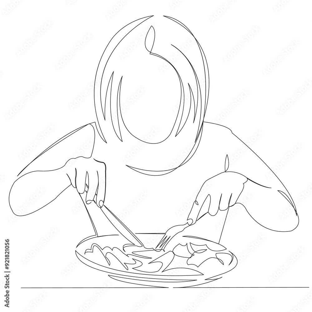 Wall mural One continuous single drawn line art doodle girl, lunch, happy, food, female. isolated image hand-drawn contour on a white background